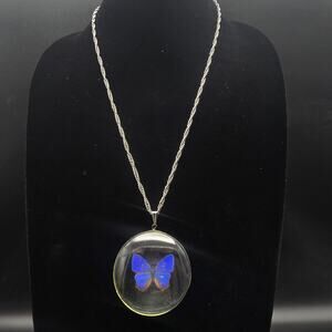 Vintage Preserved Morpho Butterfly Necklace Pendant Blue